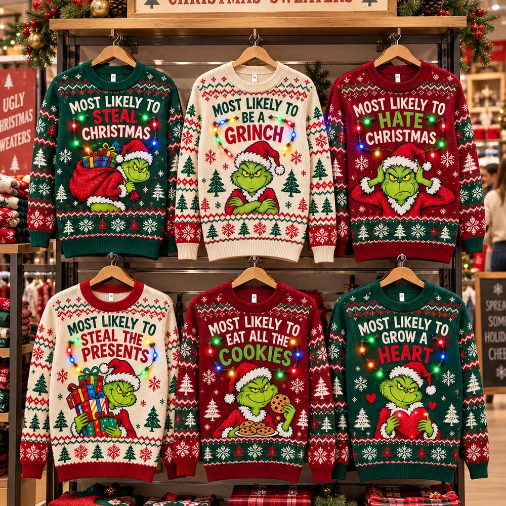 Most Likely To Green Mischief Matching Family Ugly Sweaters - Personalized Stole Christmas Light Up Sweater