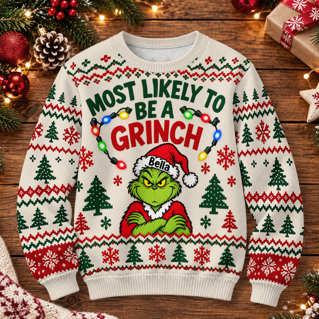 Most Likely To Green Mischief Matching Family Ugly Sweaters - Personalized Stole Christmas Light Up Sweater
