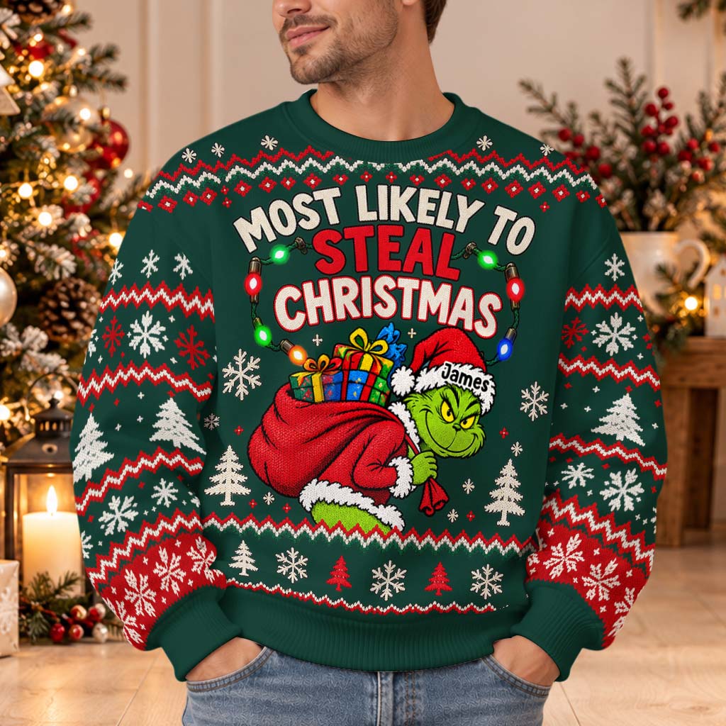 Most Likely To Green Mischief Matching Family Ugly Sweaters - Personalized Stole Christmas Light Up Sweater