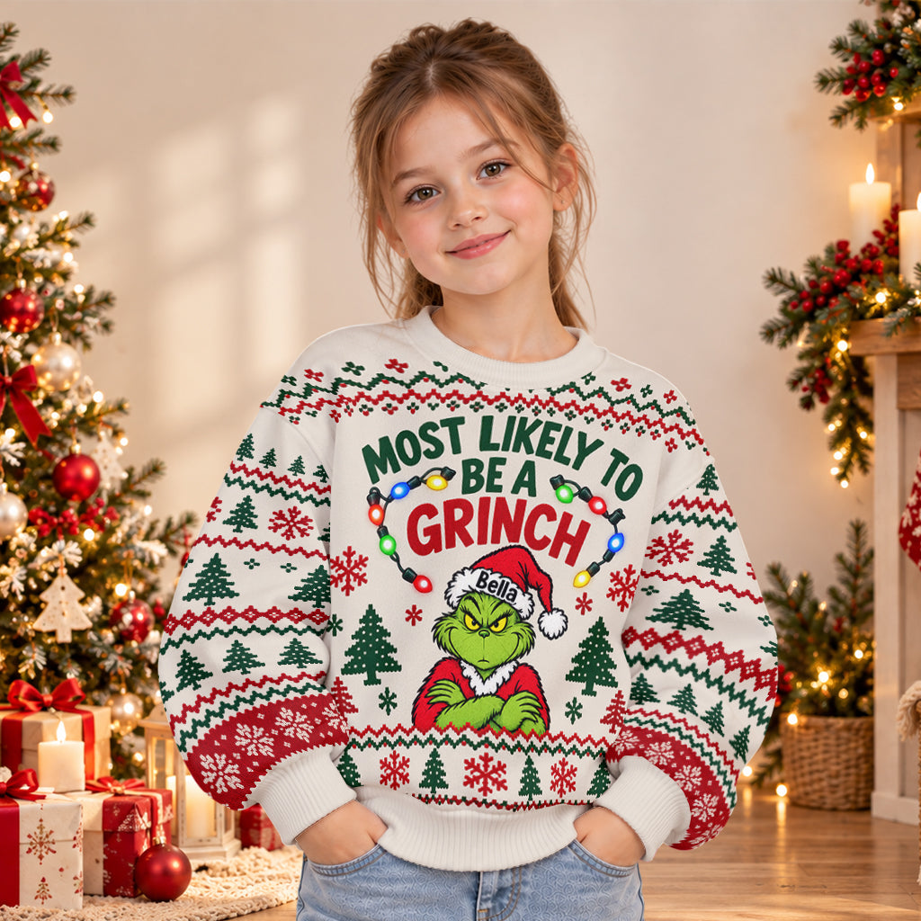 Most Likely To Green Mischief Matching Family Ugly Sweaters - Personalized Stole Christmas Light Up Sweater