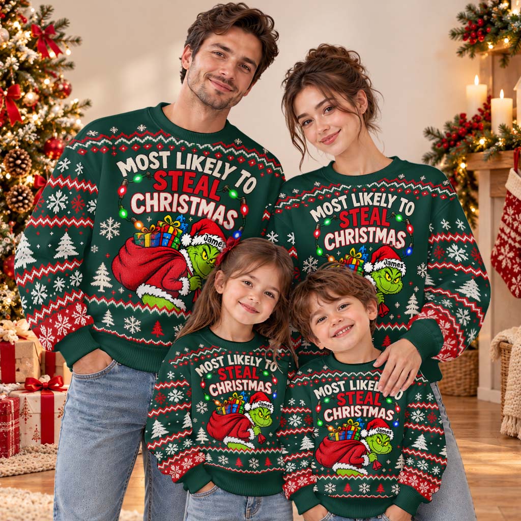 Most Likely To Green Mischief Matching Family Ugly Sweaters - Personalized Stole Christmas Light Up Sweater