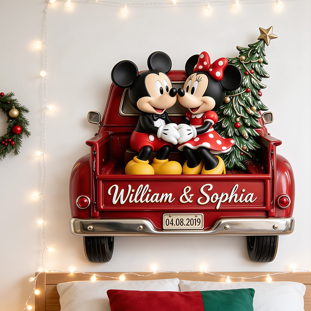 Magic Mouse Couple Red Christmas Truck - Personalized Mouse 3D Printed Cut Metal Sign