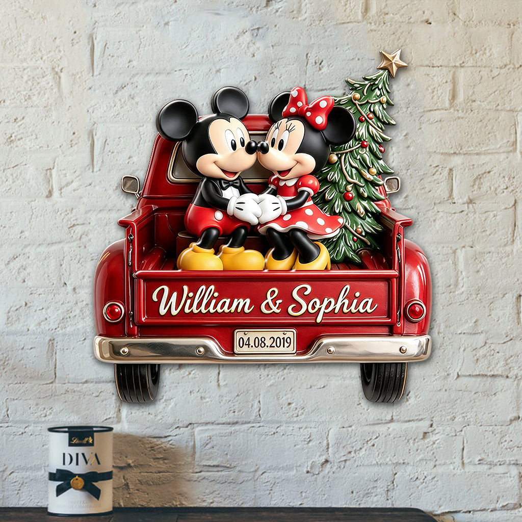 Magic Mouse Couple Red Christmas Truck - Personalized Mouse 3D Printed Cut Metal Sign