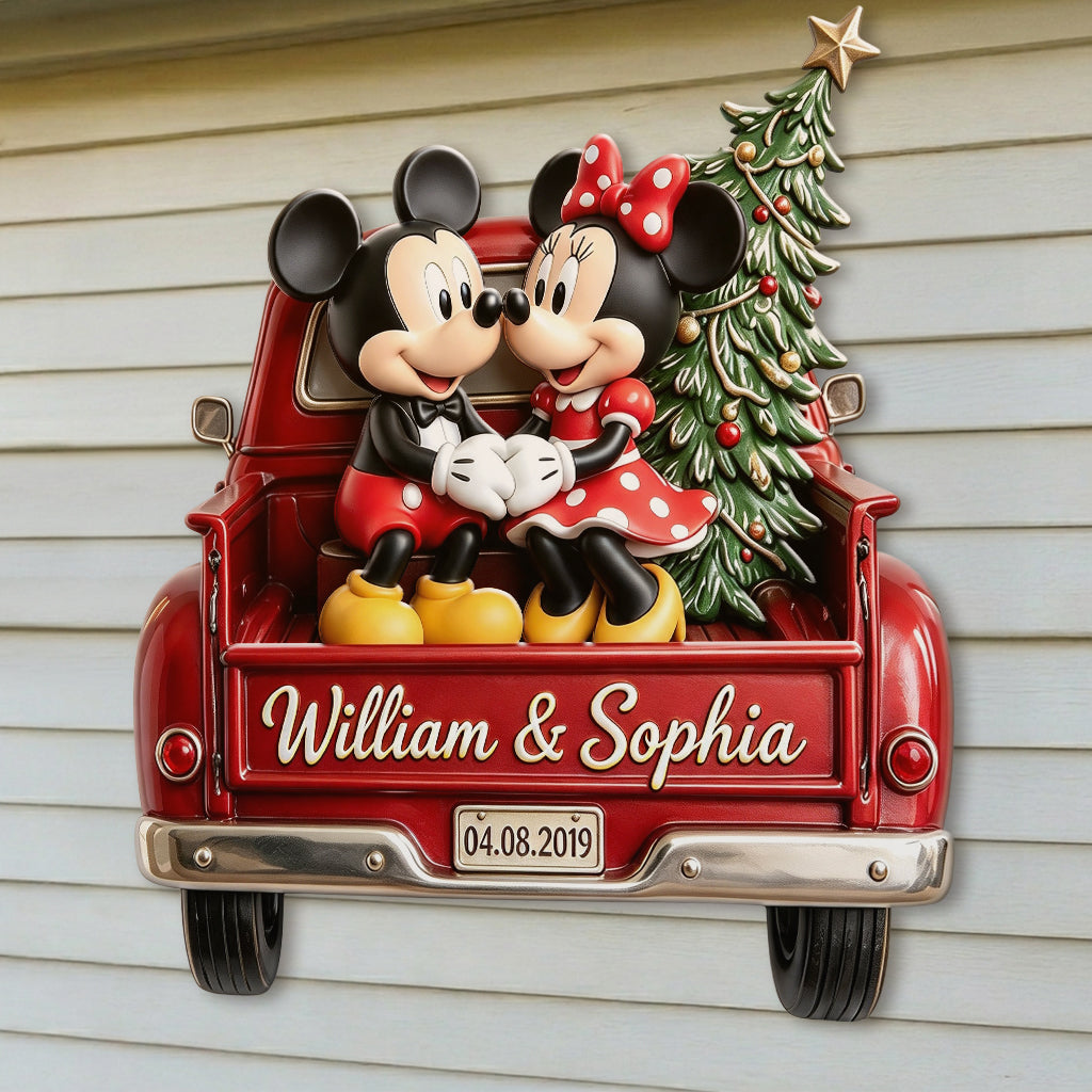 Magic Mouse Couple Red Christmas Truck - Personalized Mouse 3D Printed Cut Metal Sign