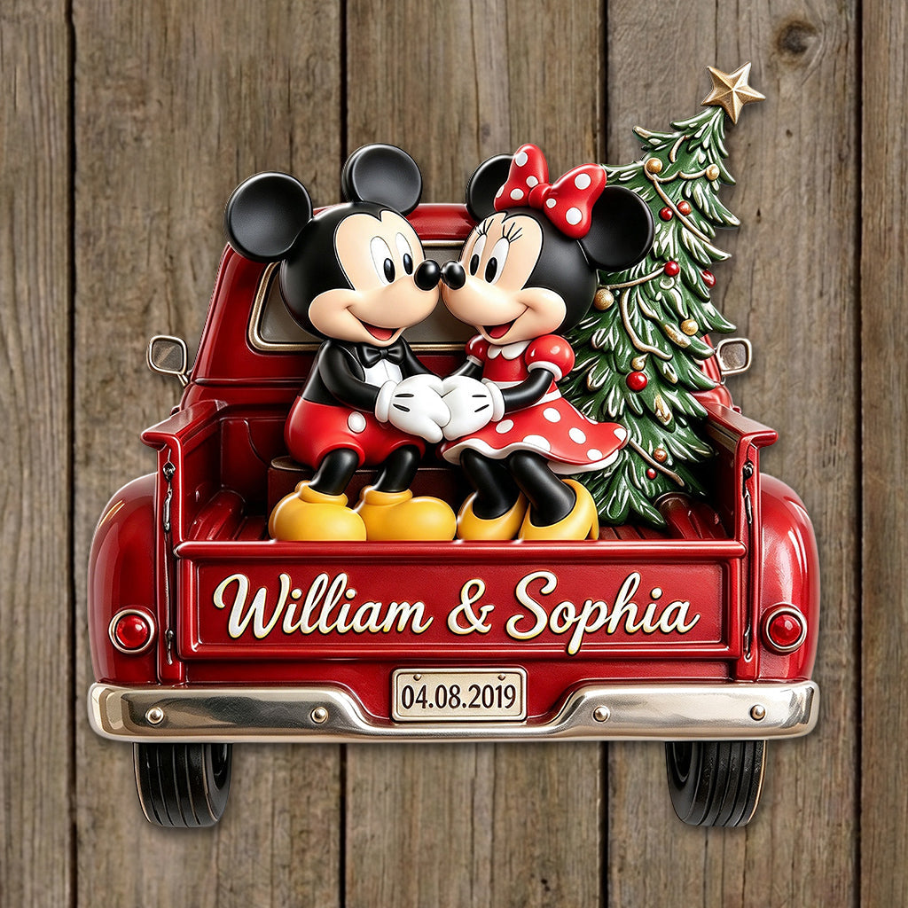 Magic Mouse Couple Red Christmas Truck - Personalized Mouse 3D Printed Cut Metal Sign