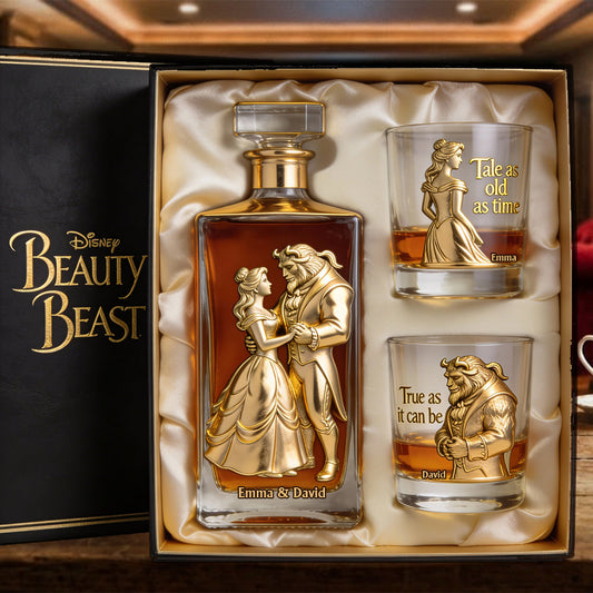 Fairy Tale Romantic Tale As Old As Time - Personalized Beauty And The Beast Whiskey Decanter Set