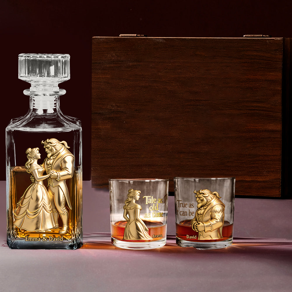 Fairy Tale Romantic Tale As Old As Time - Personalized Beauty And The Beast Whiskey Decanter Set
