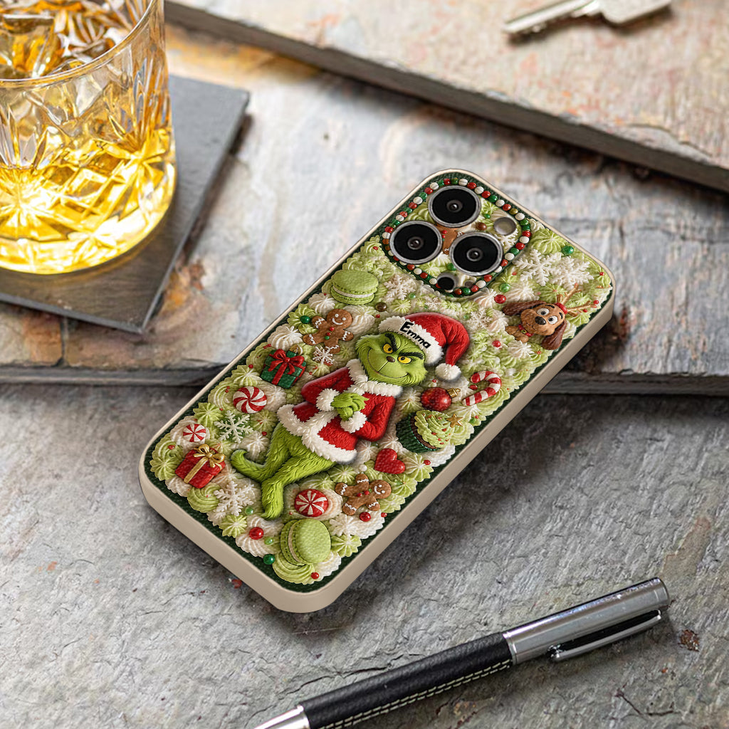 Christmas Green Character - Personalized Stole Christmas 3D Embossed Leather Phone Case