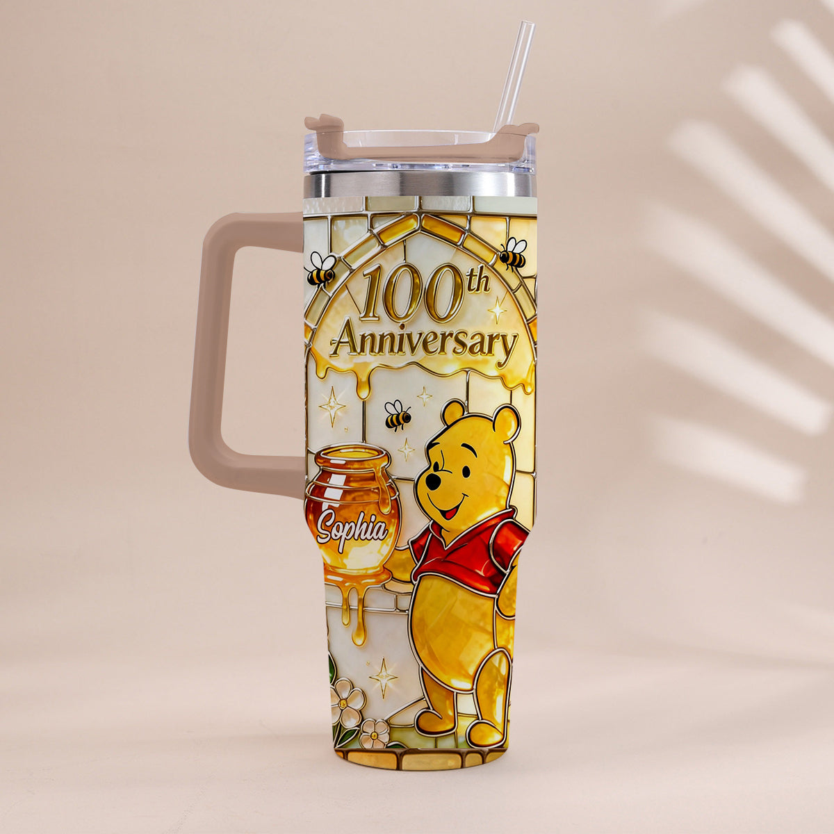 Honey Bear 100th Anniversary - Personalized Yellow Bear Tumbler With Handle