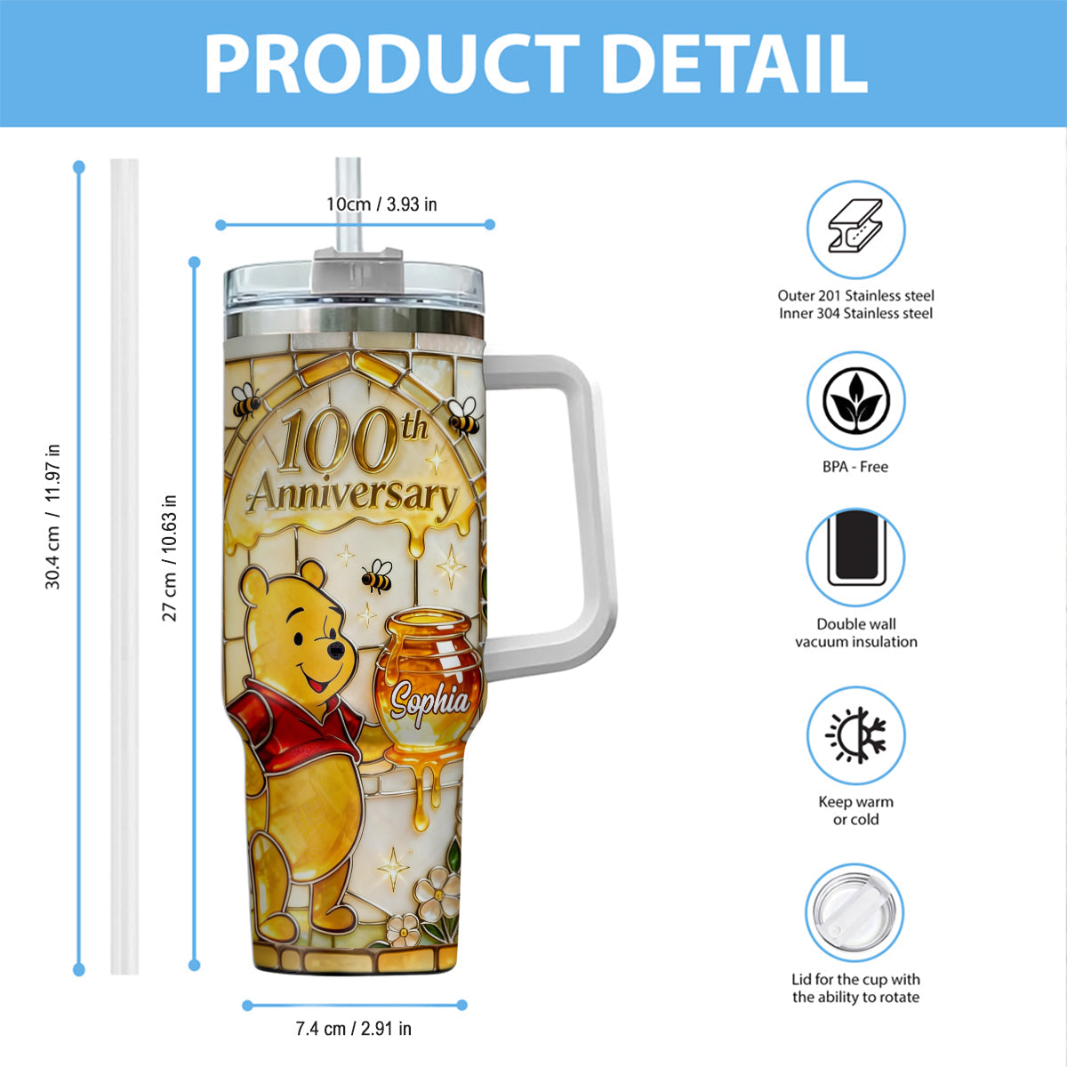 Honey Bear 100th Anniversary - Personalized Yellow Bear Tumbler With Handle