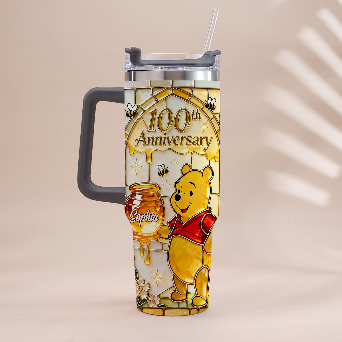 Honey Bear 100th Anniversary - Personalized Yellow Bear Tumbler With Handle