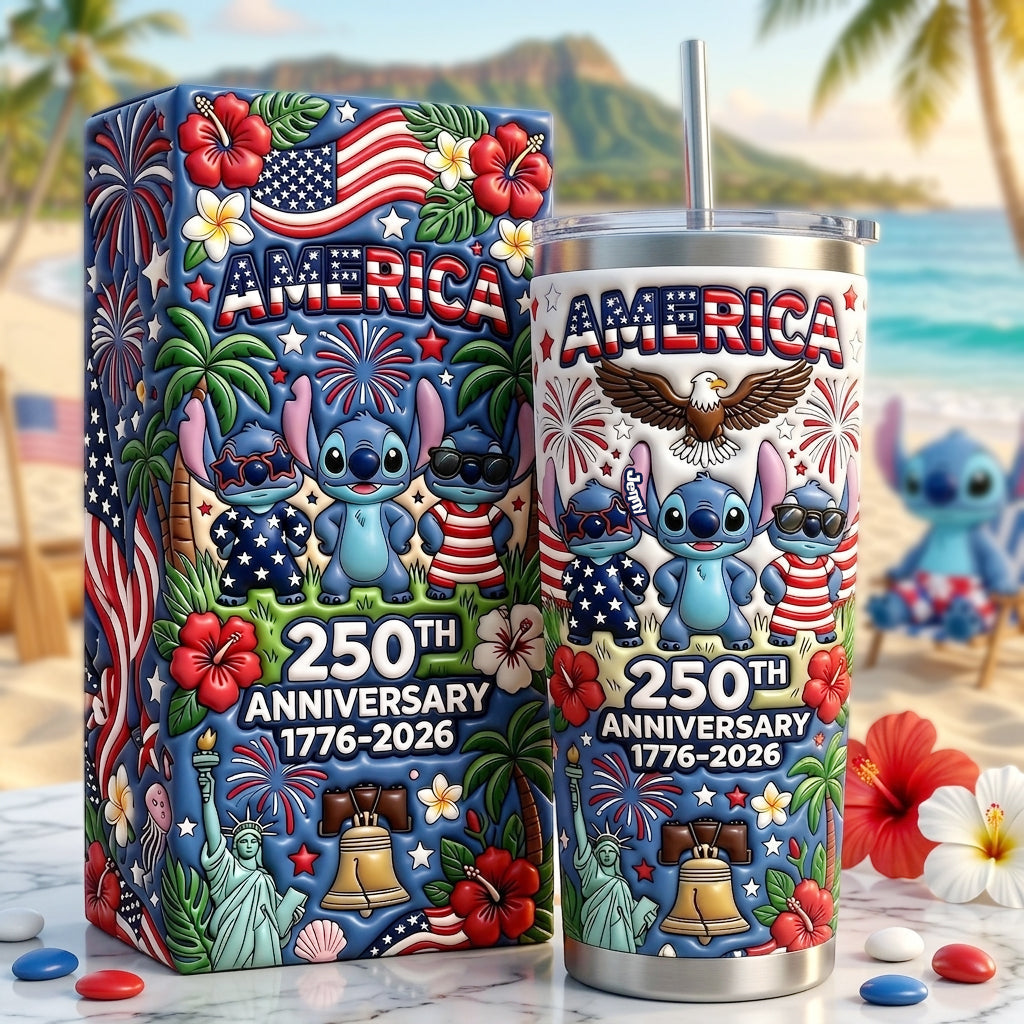Cute Blue Alien Cartoon USA 250th Anniversary - Personalized Ohana Tumbler With Gift Box