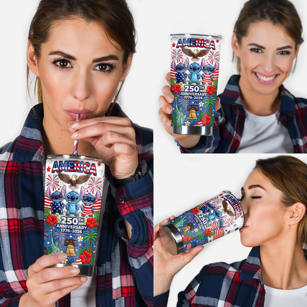 Cute Blue Alien Cartoon USA 250th Anniversary - Personalized Ohana Tumbler With Gift Box