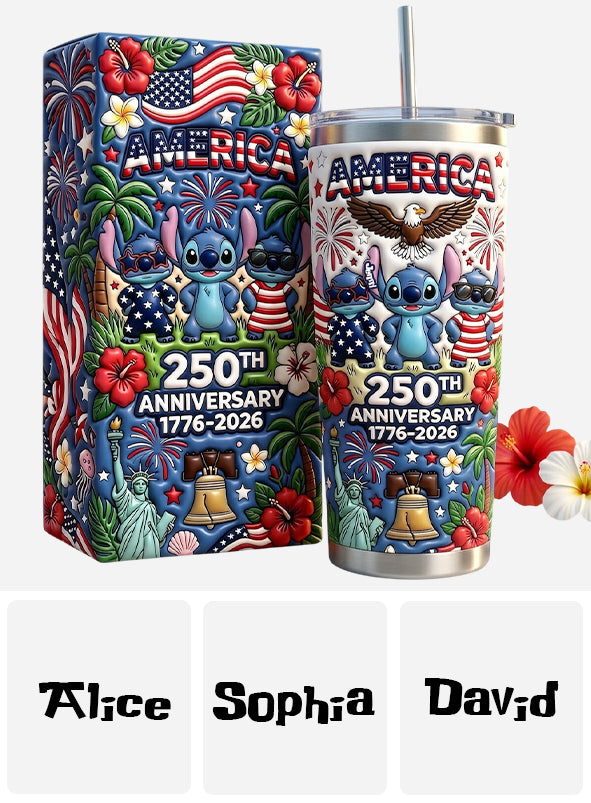 Cute Blue Alien Cartoon USA 250th Anniversary - Personalized Ohana Tumbler With Gift Box