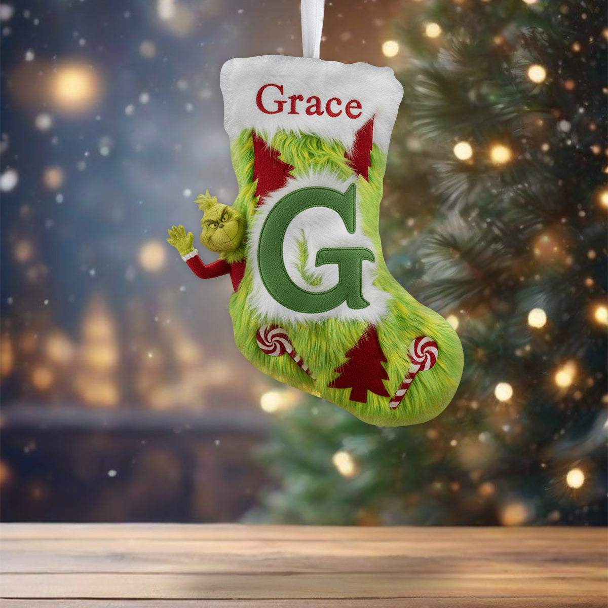 Green Furry - Personalized Stole Christmas Shaped Christmas Stocking