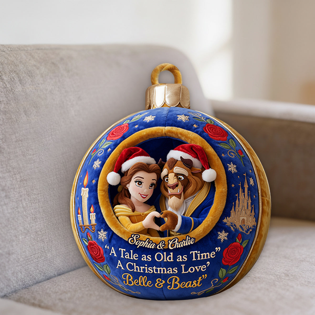 Merry Christmas Couple Gift - Personalized Beauty And The Beast Premium Faux Fur Pillow