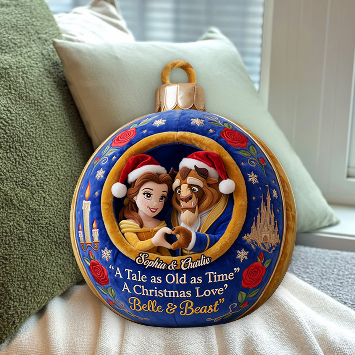 Merry Christmas Couple Gift - Personalized Beauty And The Beast Premium Faux Fur Pillow