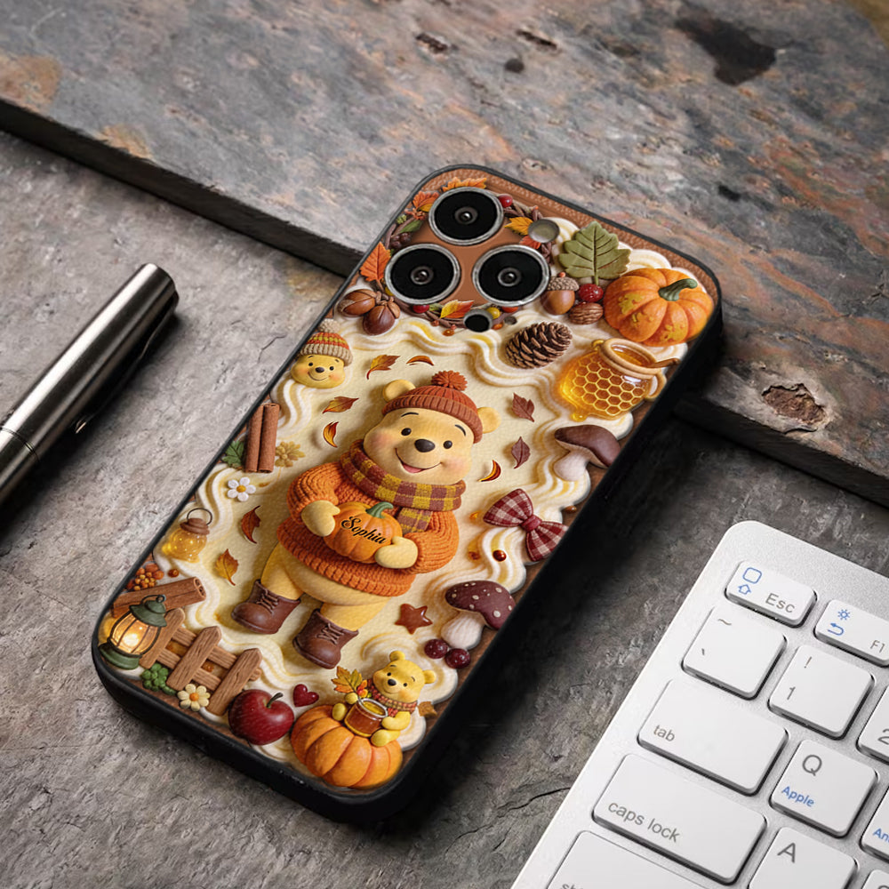Cozy Vibe Cute Bear - Personalized Yellow Bear 3D Embossed Leather Phone Case