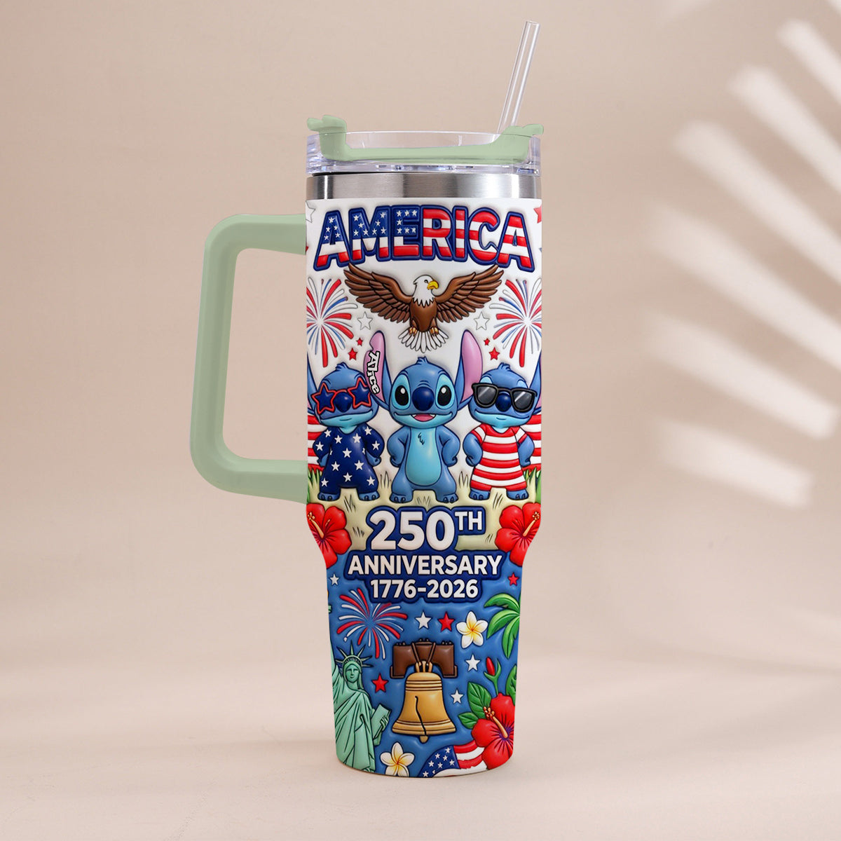 Cute Blue Alien USA 250th Anniversary - Personalized Ohana Tumbler With Handle