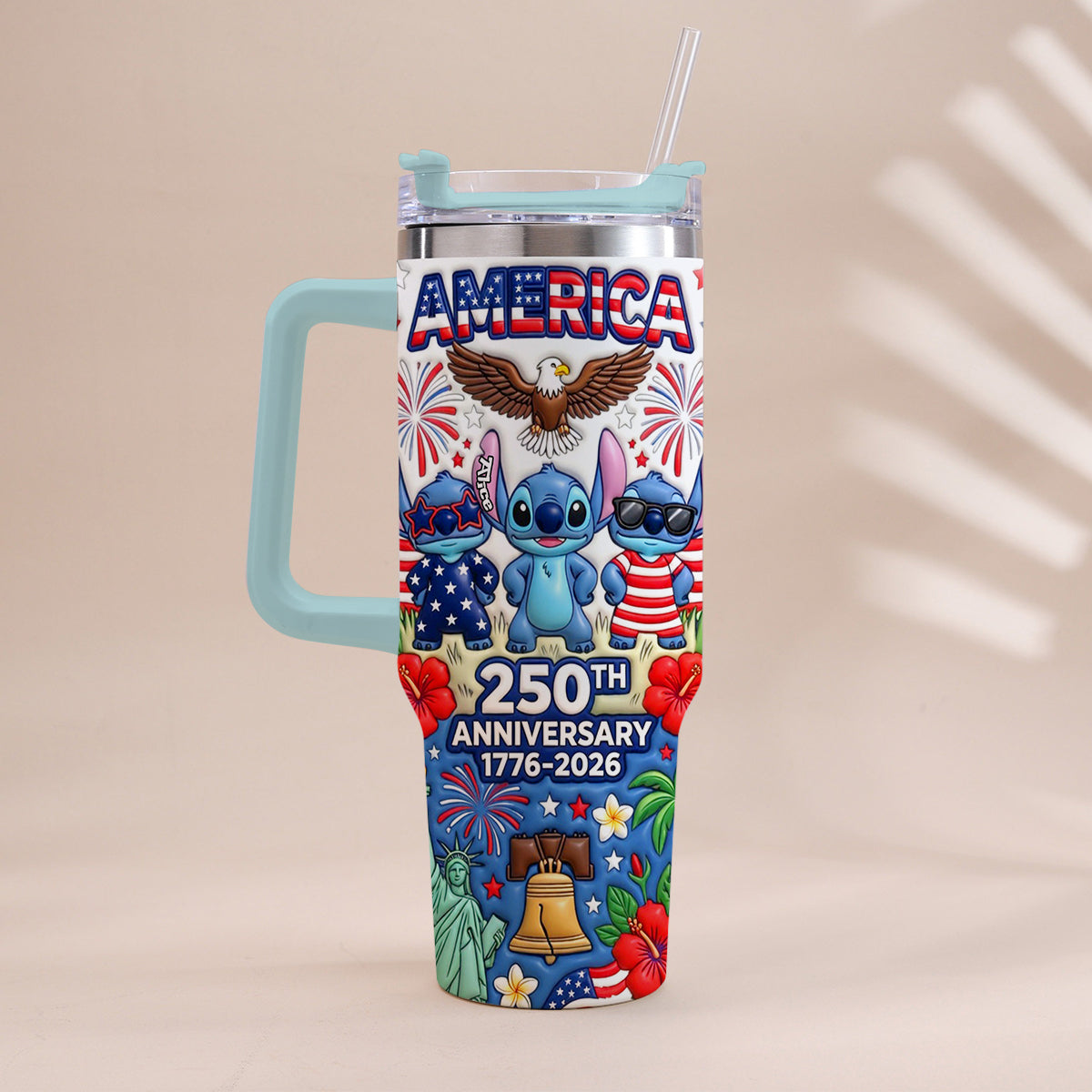 Cute Blue Alien USA 250th Anniversary - Personalized Ohana Tumbler With Handle