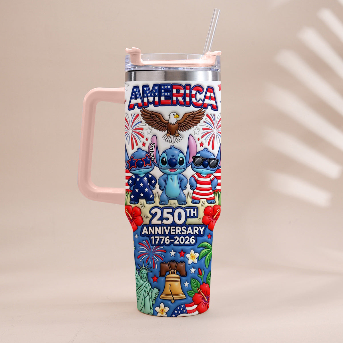 Cute Blue Alien USA 250th Anniversary - Personalized Ohana Tumbler With Handle