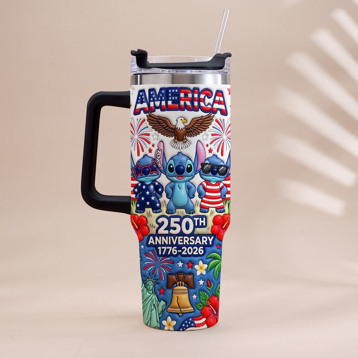Cute Blue Alien USA 250th Anniversary - Personalized Ohana Tumbler With Handle