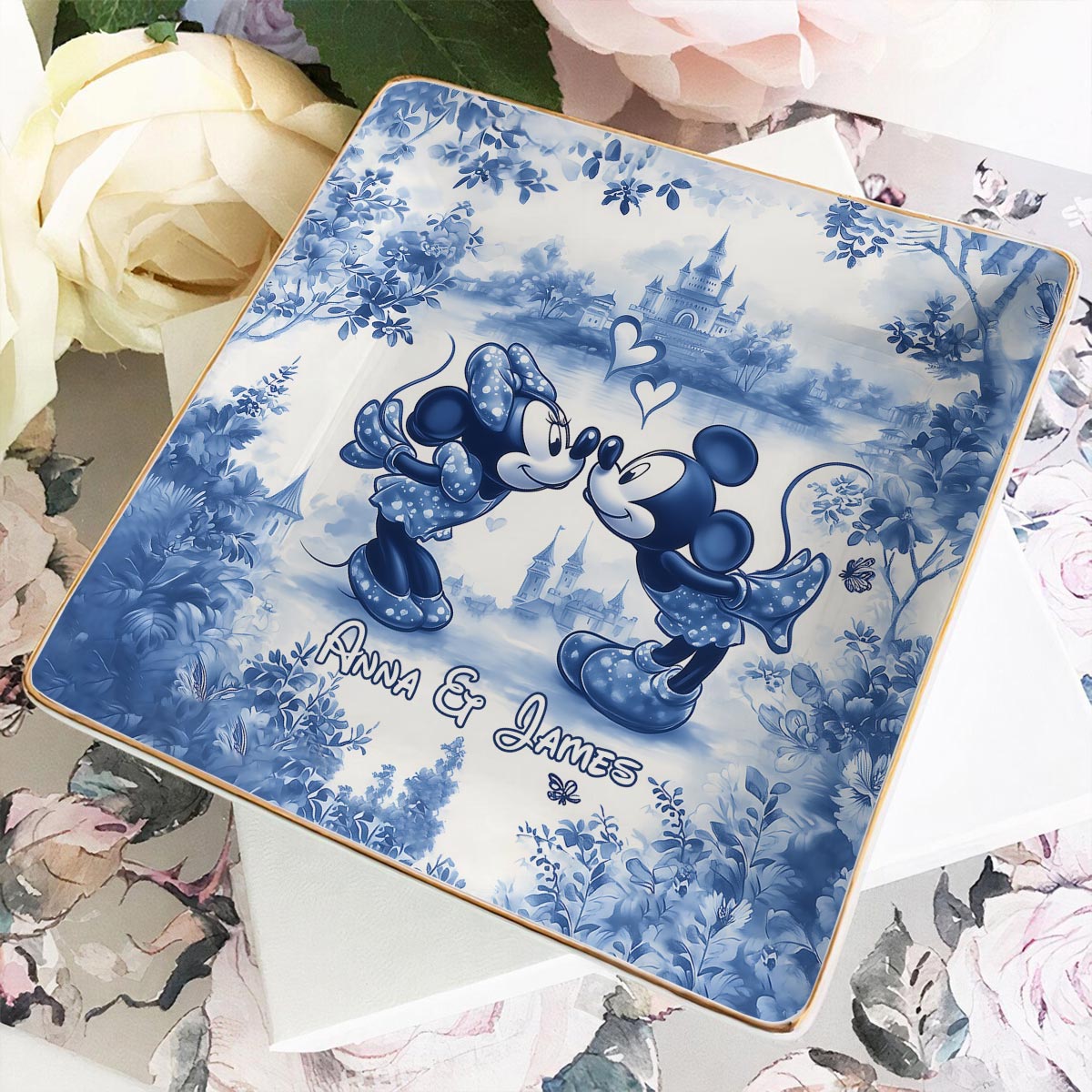 Classic Blue & White Ceramic Mouse Couple - Personalized Mouse Fully Printed Jewelry Dish