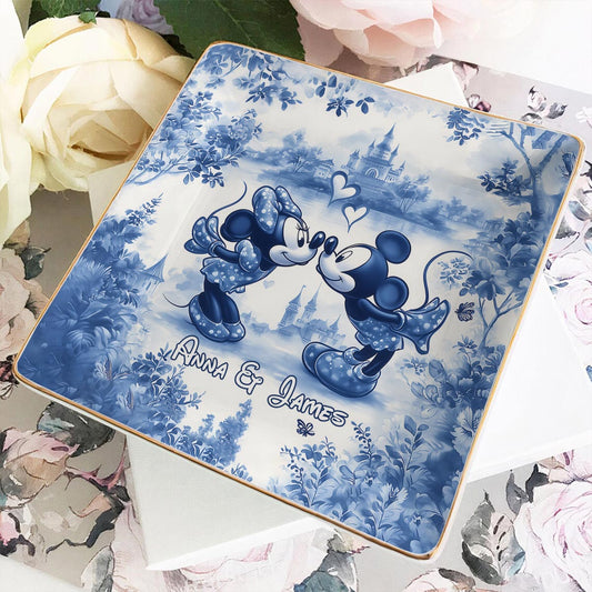 Classic Blue & White Ceramic Mouse Couple - Personalized Mouse Fully Printed Jewelry Dish