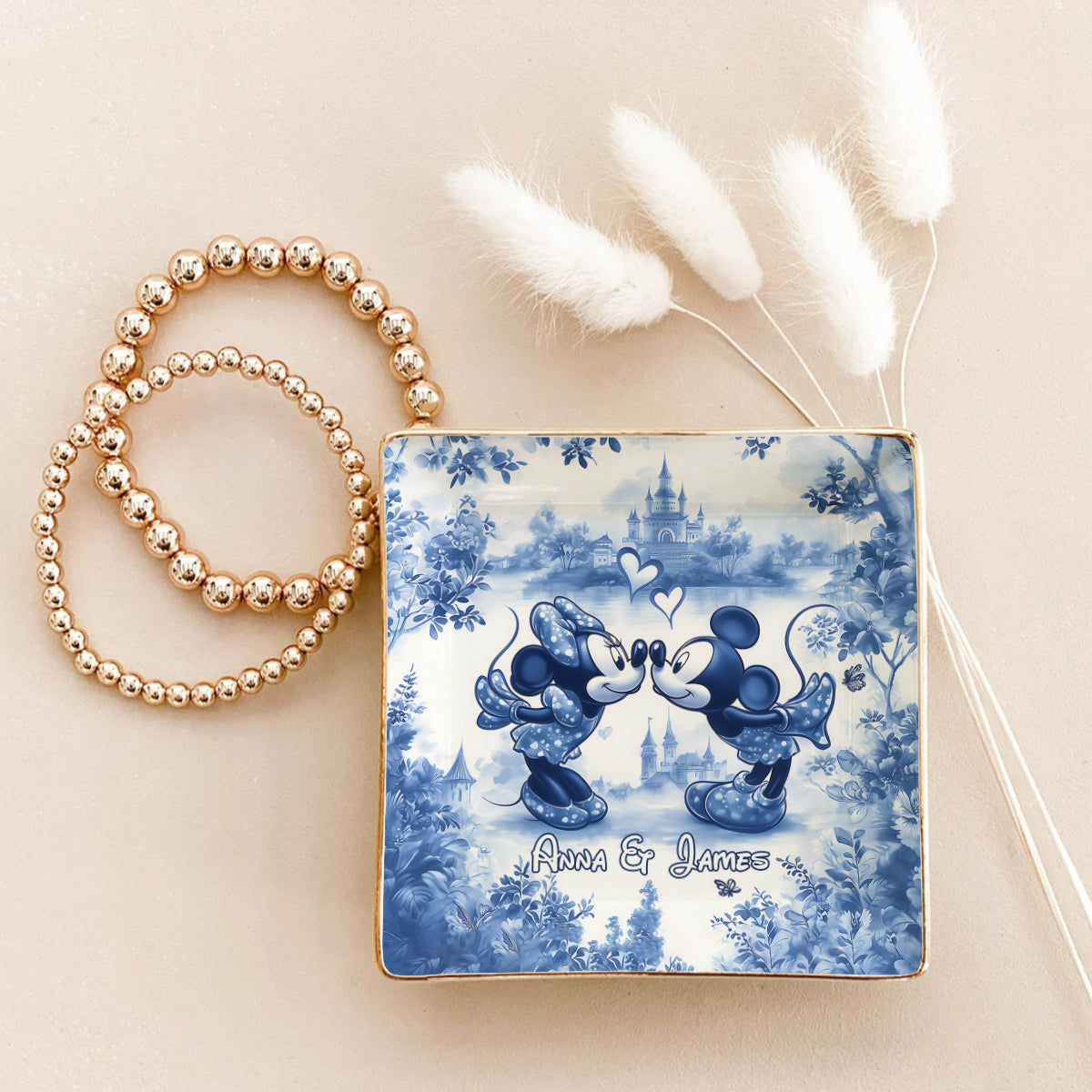 Classic Blue & White Ceramic Mouse Couple - Personalized Mouse Fully Printed Jewelry Dish