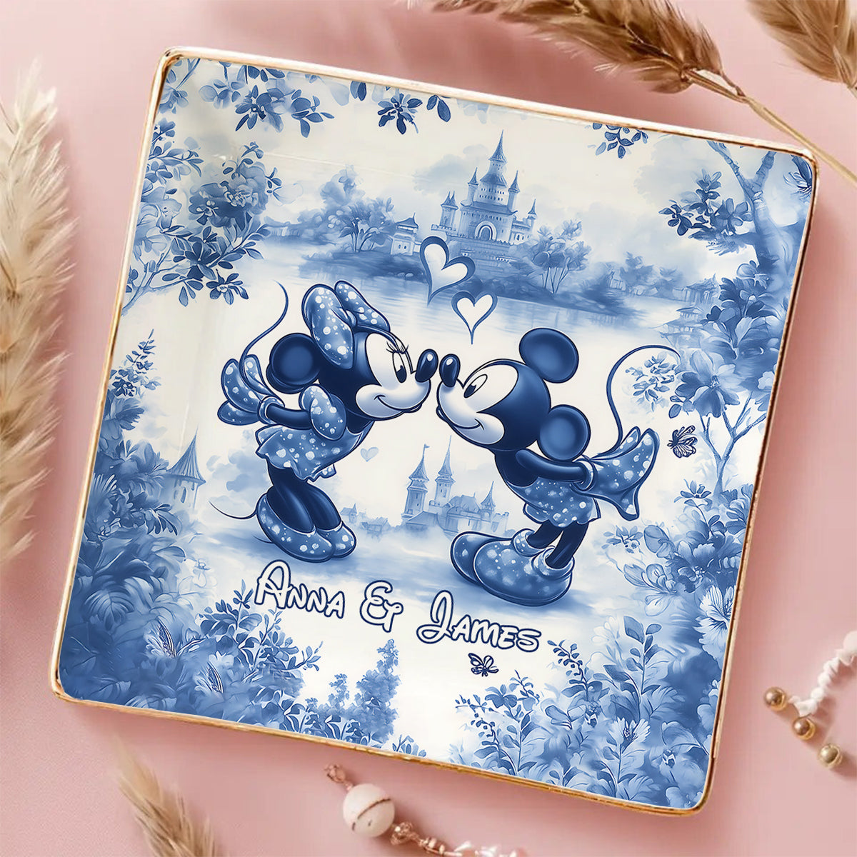 Classic Blue & White Ceramic Mouse Couple - Personalized Mouse Fully Printed Jewelry Dish