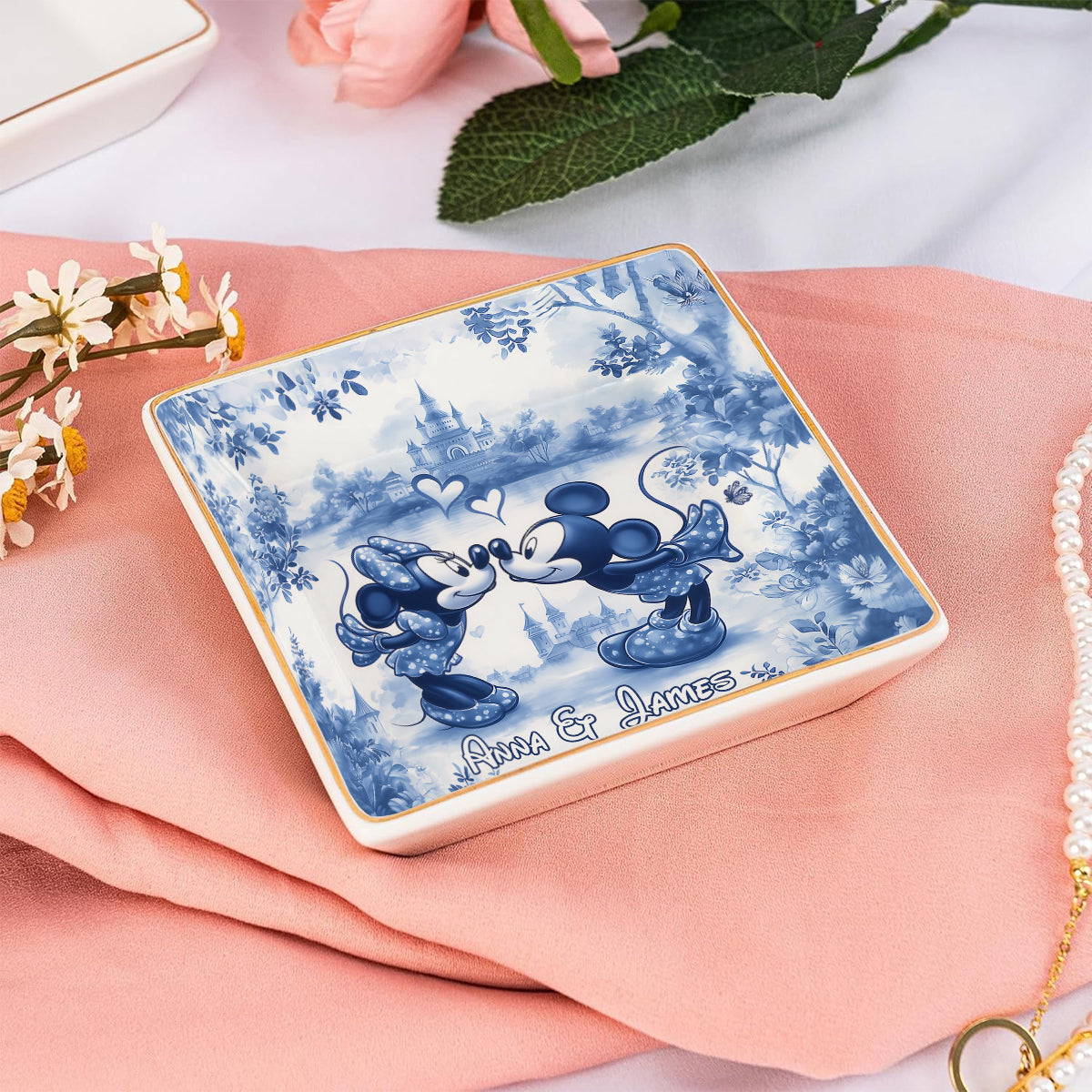 Classic Blue & White Ceramic Mouse Couple - Personalized Mouse Fully Printed Jewelry Dish