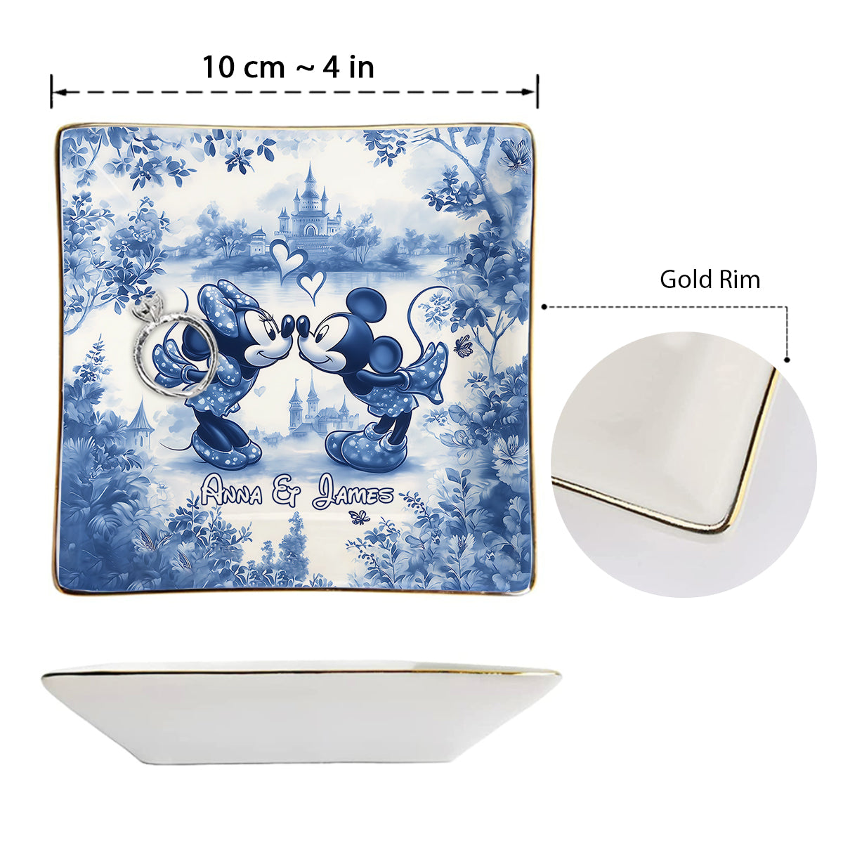 Classic Blue & White Ceramic Mouse Couple - Personalized Mouse Fully Printed Jewelry Dish