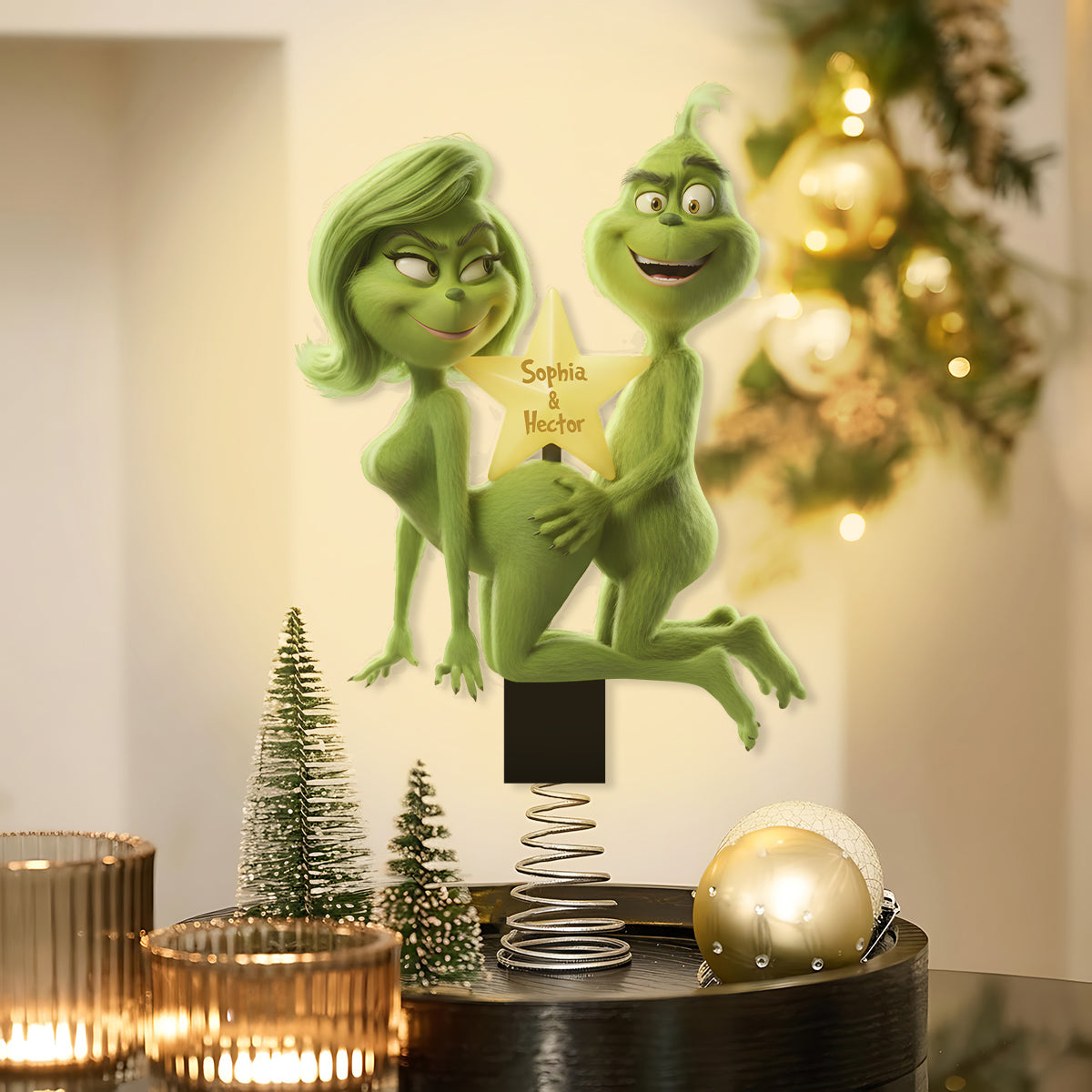 Fuzzy Green Trouble on Top - Personalized Stole Christmas LED Light Tree Topper