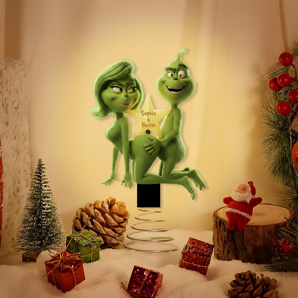 Fuzzy Green Trouble on Top - Personalized Stole Christmas LED Light Tree Topper