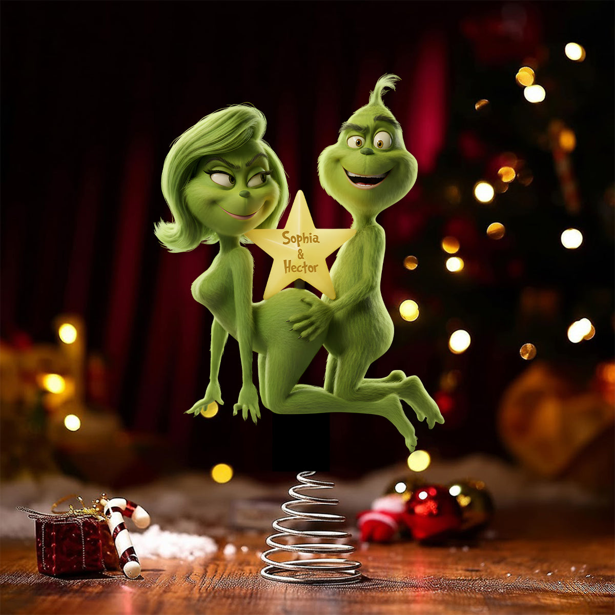 Fuzzy Green Trouble on Top - Personalized Stole Christmas LED Light Tree Topper