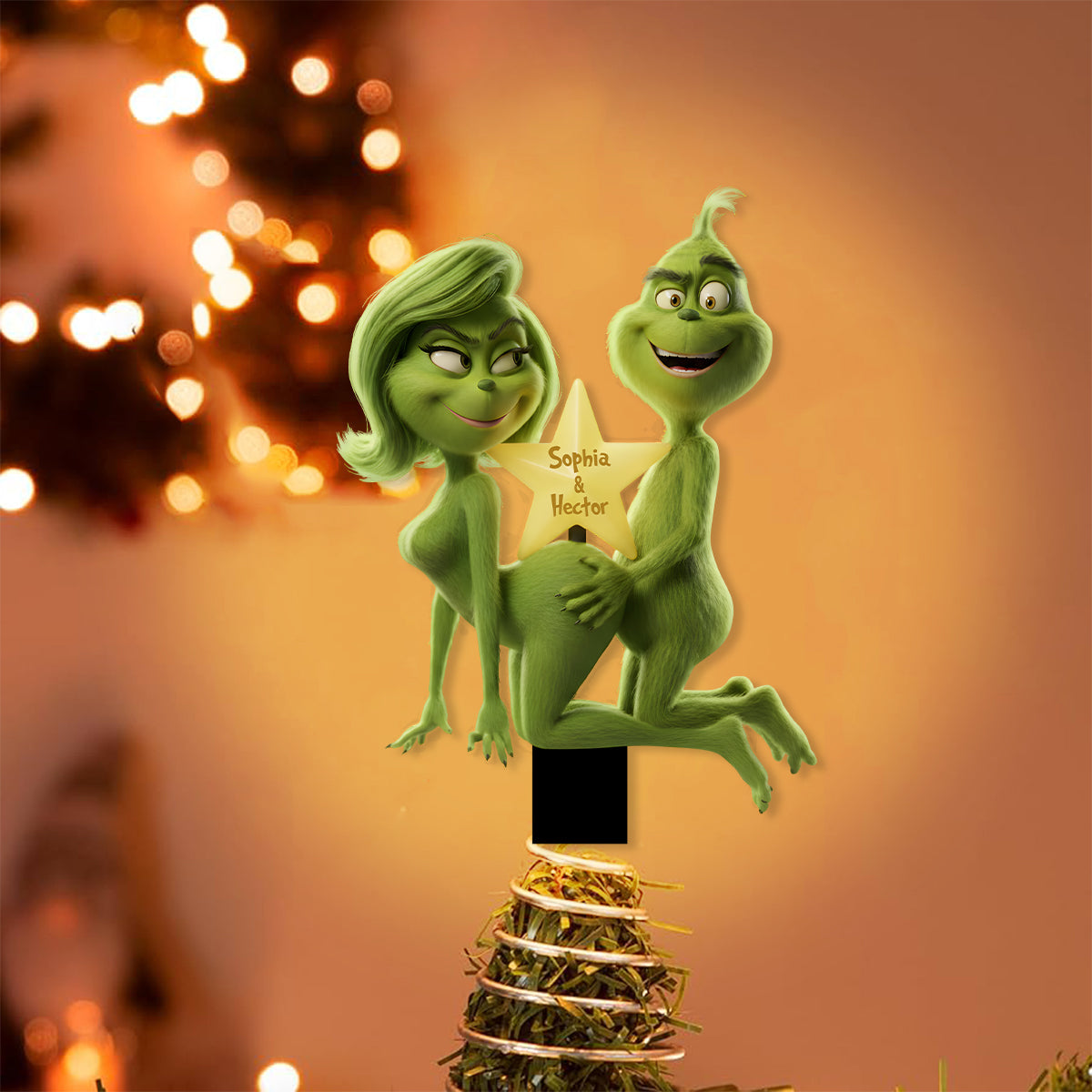Fuzzy Green Trouble on Top - Personalized Stole Christmas LED Light Tree Topper