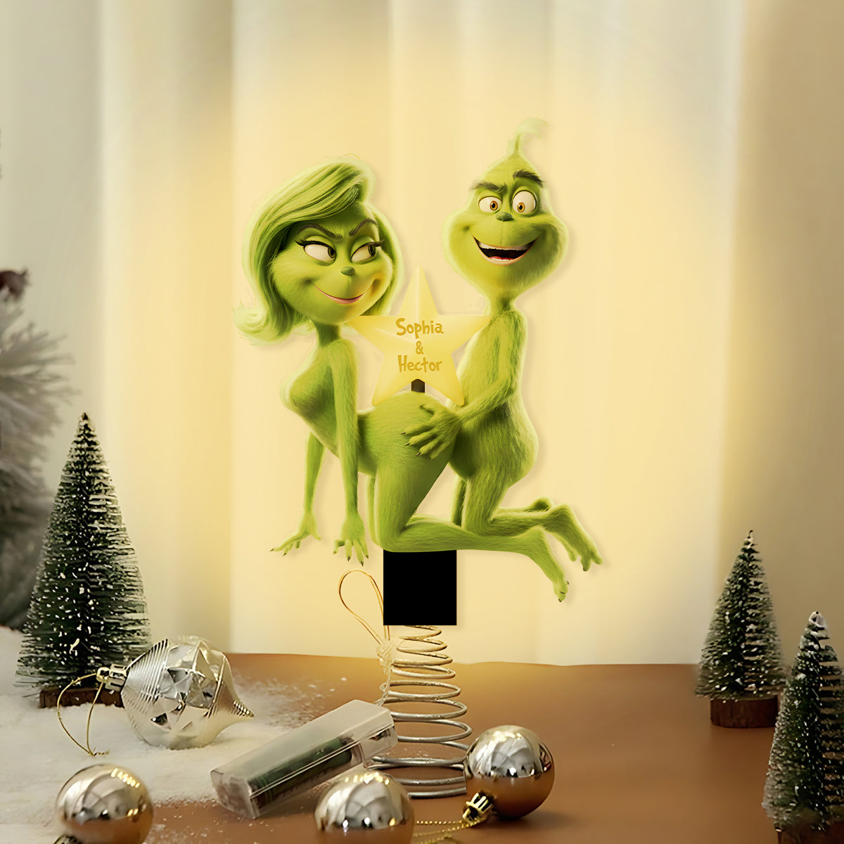 Fuzzy Green Trouble on Top - Personalized Stole Christmas LED Light Tree Topper