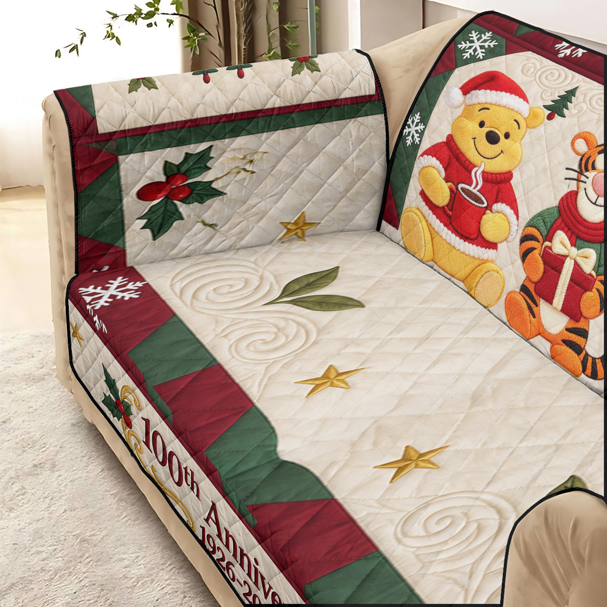 100th Anniversary Christmas Gift - Personalized Yellow Bear Quilted Sofa/Couch Cover