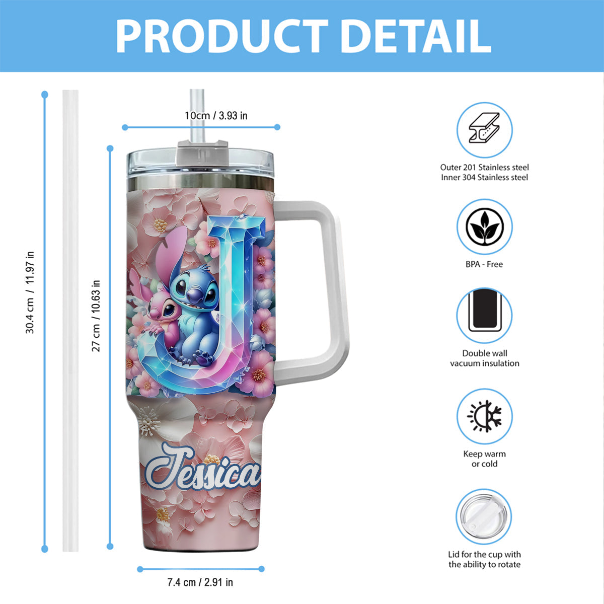 Floral Ohana - Personalized Ohana Tumbler With Handle