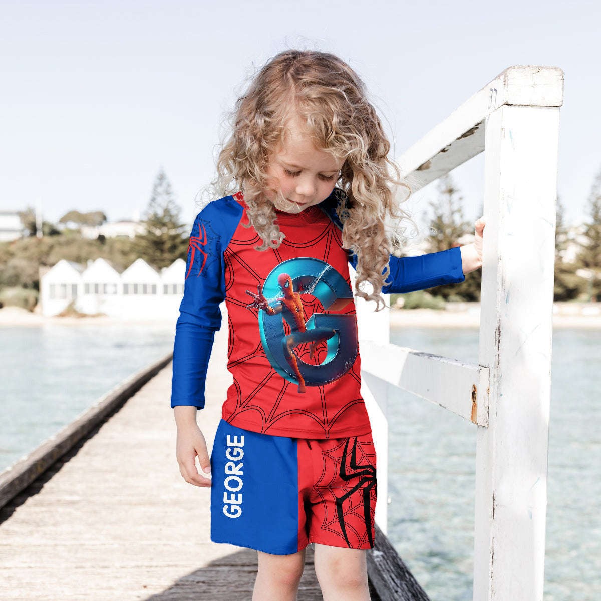 Cool Spider - Personalized Kid Swimsuit Trunk Rashguard Set