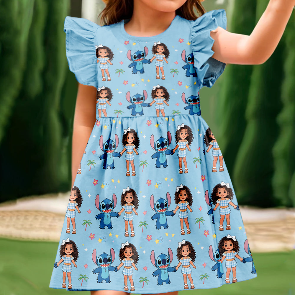 Ohana Means Family - Personalized Kid Kid Ruffle Sleeve Dress