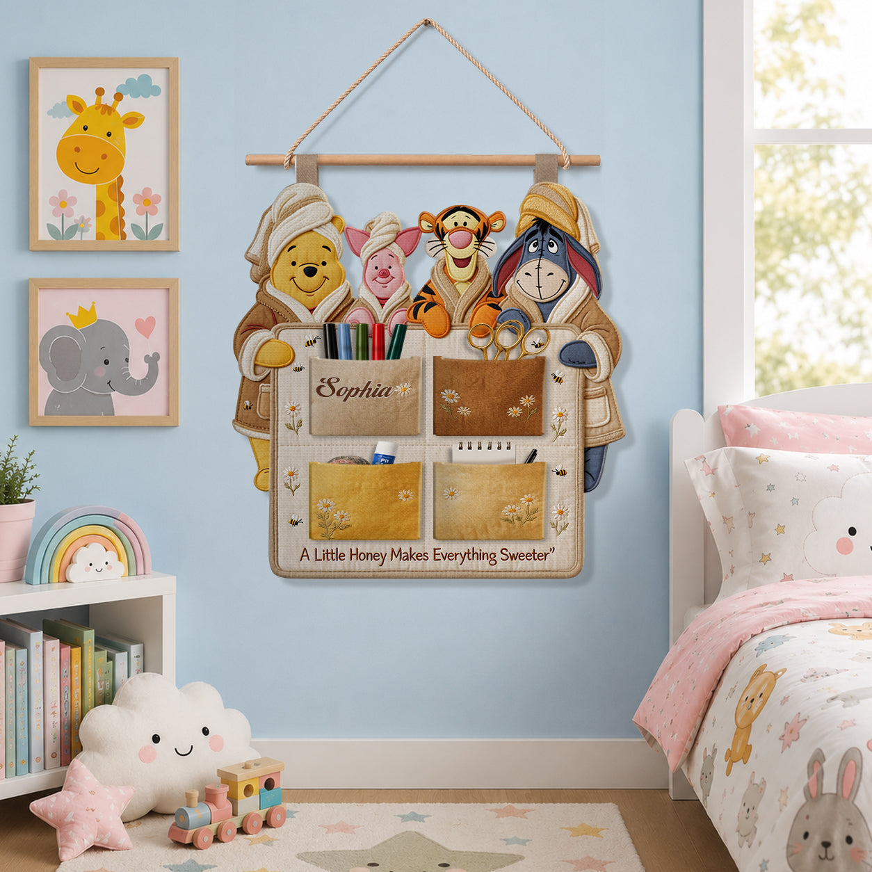 A Little Honey Makes Everything Sweeter - Personalized Yellow Bear Hanging Organizer