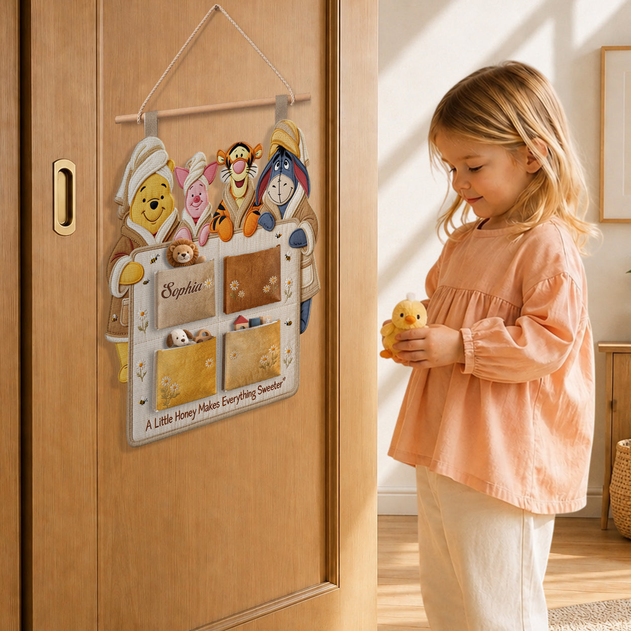 A Little Honey Makes Everything Sweeter - Personalized Yellow Bear Hanging Organizer