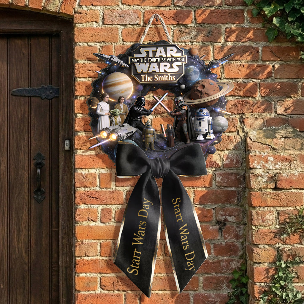 May The Fourth Be With You - Personalized The Force Shaped Wood Sign With Sash
