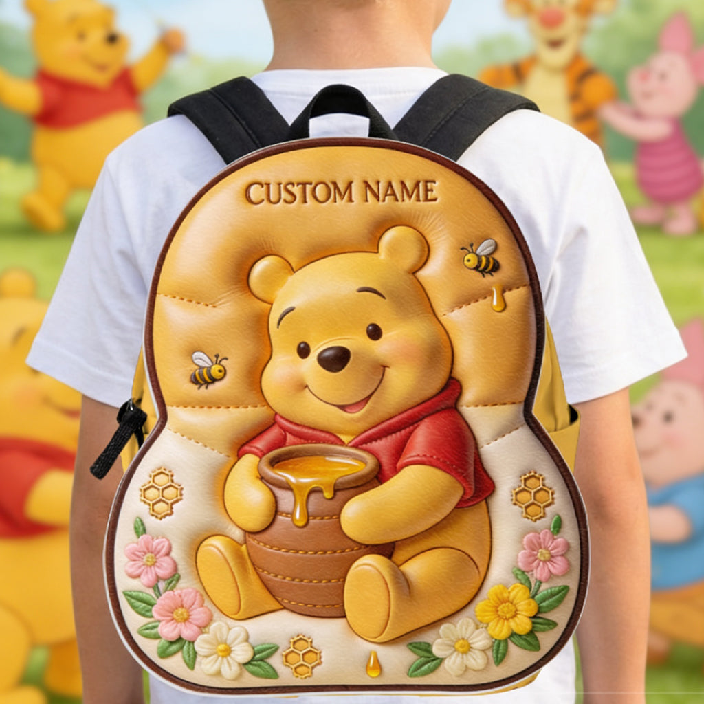 Bear, Honey And Flower - Personalized Yellow Bear Changeable Leather Patch Backpack
