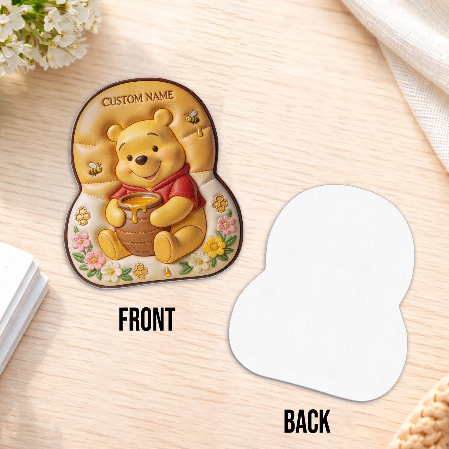Bear, Honey And Flower - Personalized Yellow Bear Changeable Leather Patch Backpack
