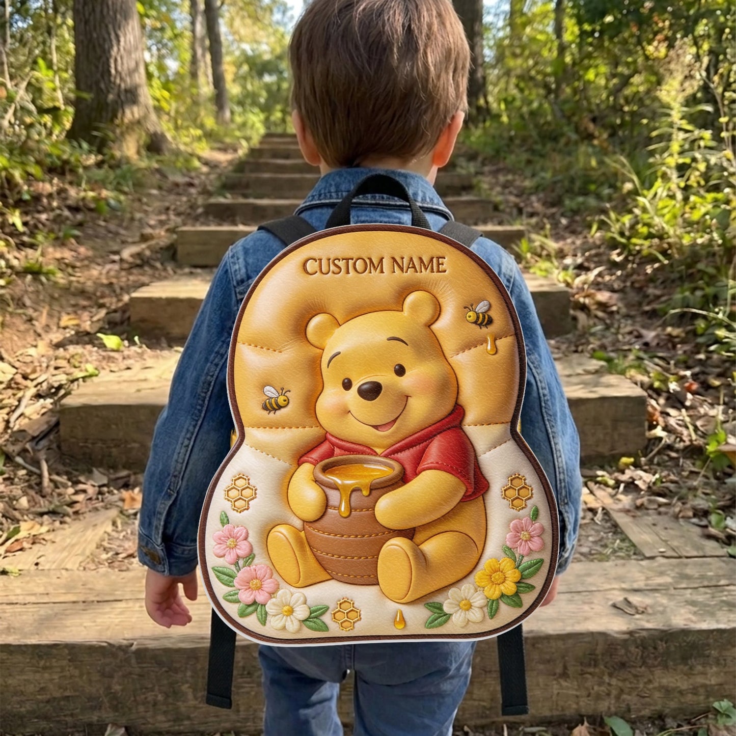 Bear, Honey And Flower - Personalized Yellow Bear Changeable Leather Patch Backpack