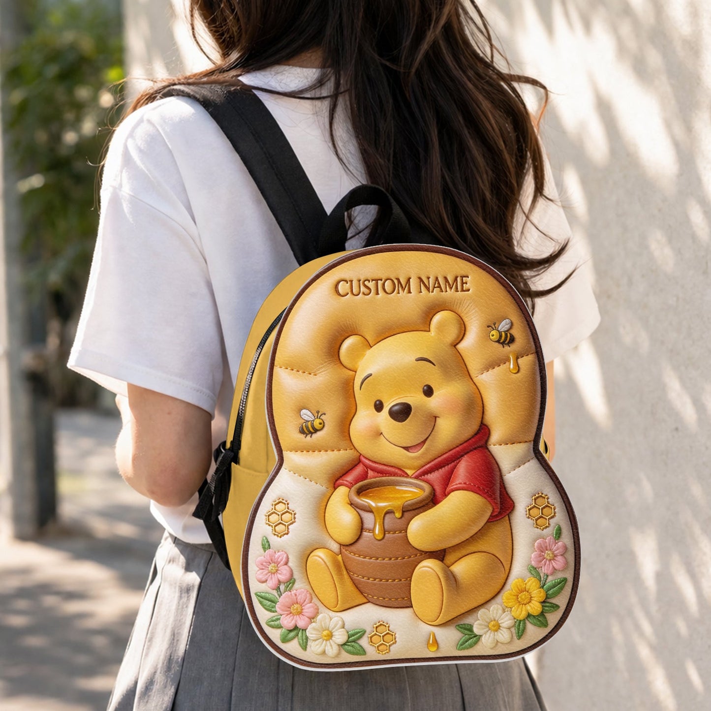 Bear, Honey And Flower - Personalized Yellow Bear Changeable Leather Patch Backpack
