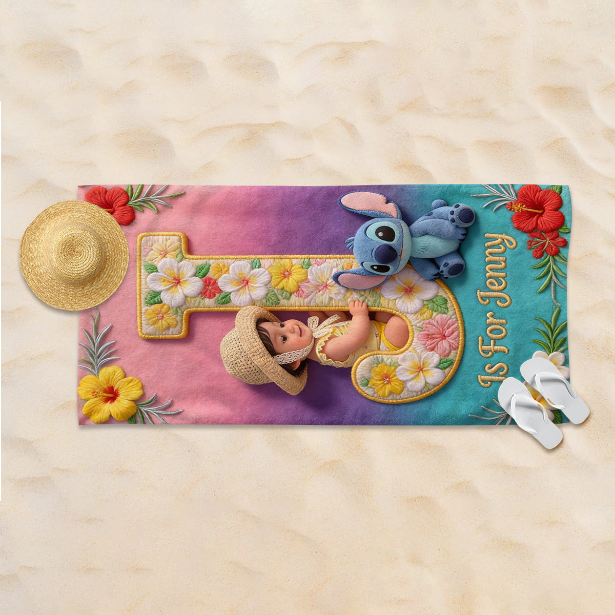 Custom Alphabet And Photo - Personalized Ohana Quick-dry Beach Towel/ Bath Towel