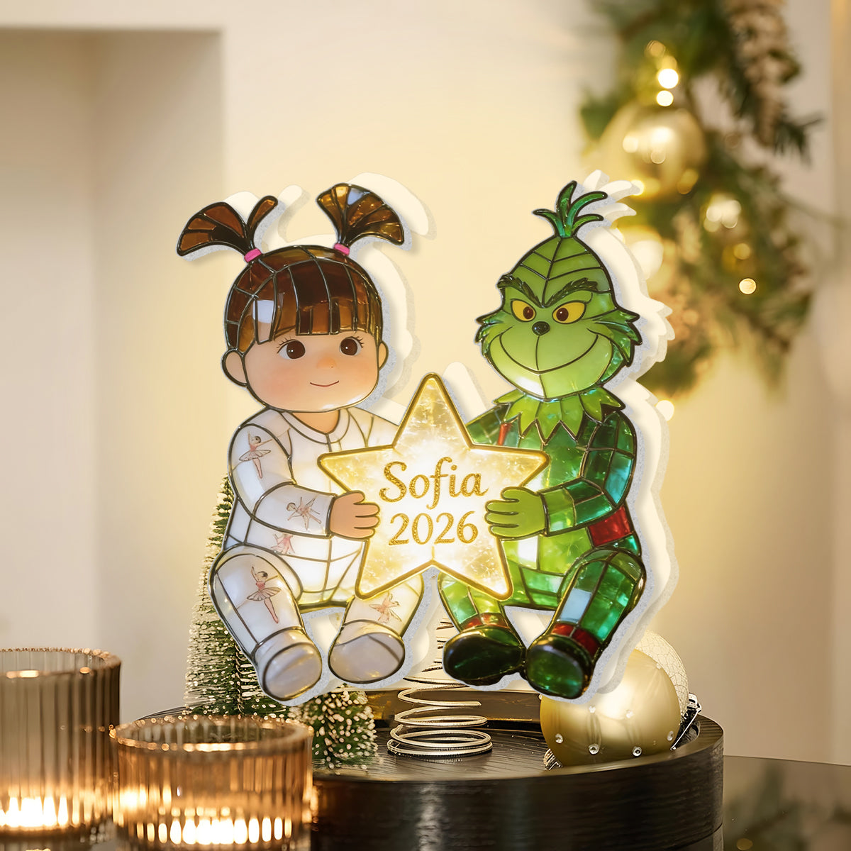Kid And Green Christmas Character - Personalized Stole Christmas LED Light Tree Topper